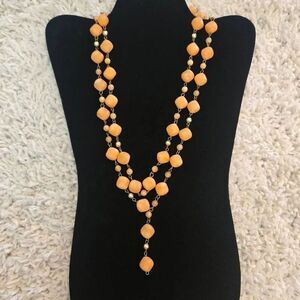 Vintage Orange Long Bead Necklace Gold Accwnt Beads